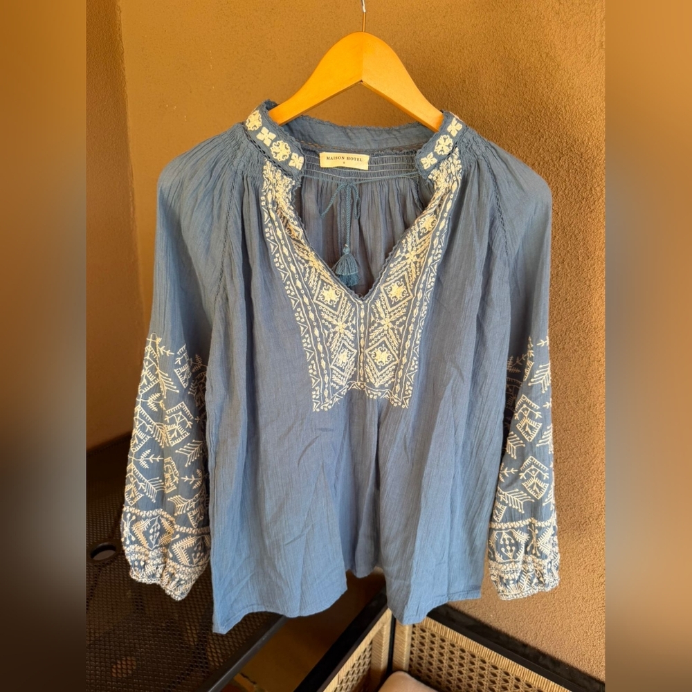 Maison Hotel Sandrine Blouse in French Blue Long Sleeve Size S - Picture 5 of 8